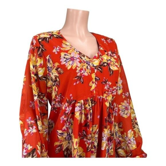 Time And Tru Women SZ L(12-14) Orange Floral Baby Doll Knee Dress -Long Sleeve - Picture 13 of 16